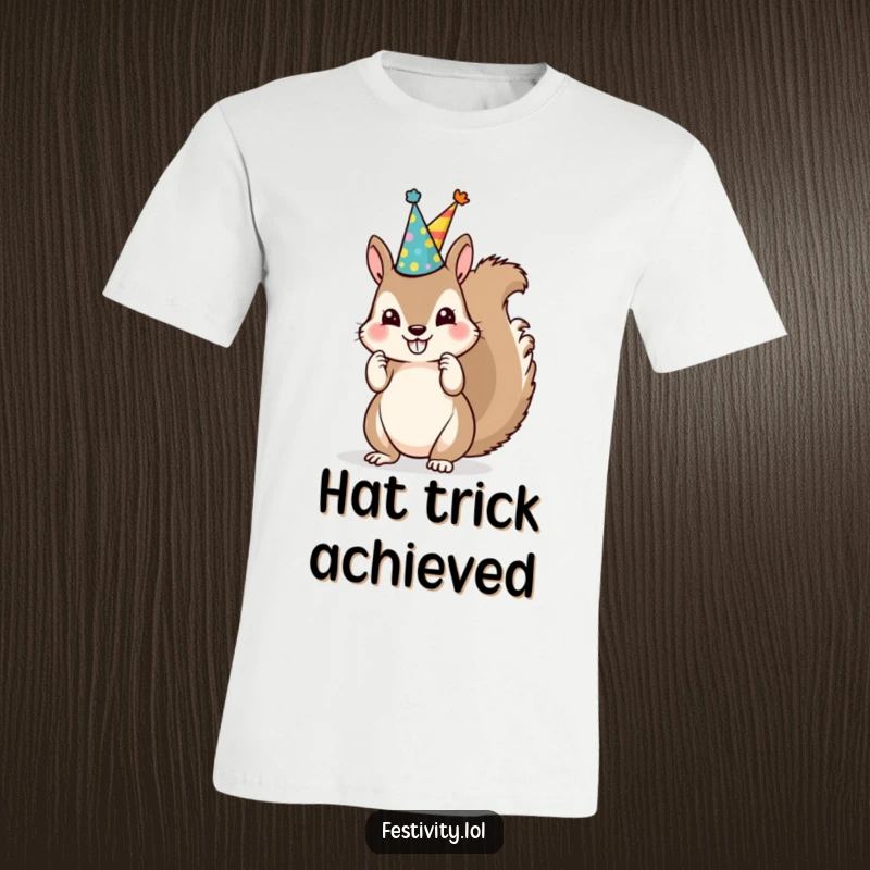 Funny Squirrel Party Hat T-Shirt shows a playful squirrel stacking mismatched party hats with a mischievous grin.