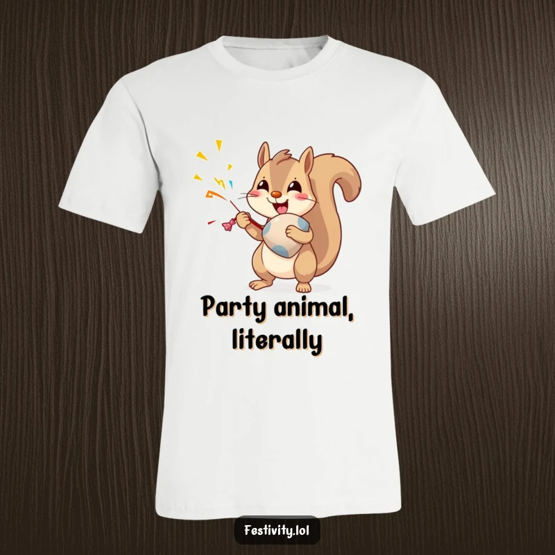 Funny Squirrel T-Shirt: A delighted squirrel is about to burst an oversized party popper, exuding pure joy and humor.