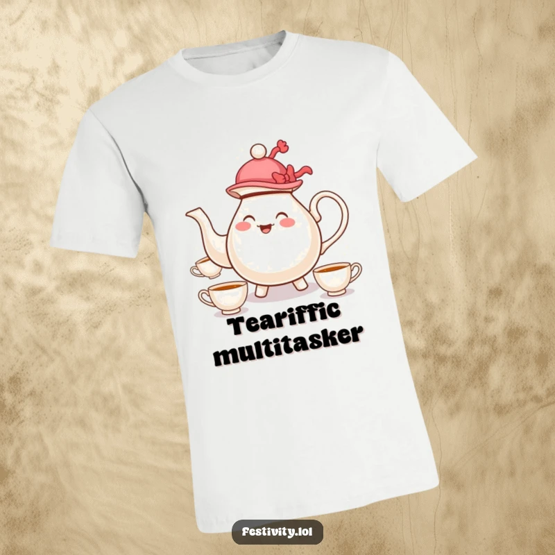 Funny t-shirt with a merry teapot in a hat juggling teacups, ideal for casual wear and tea lovers.