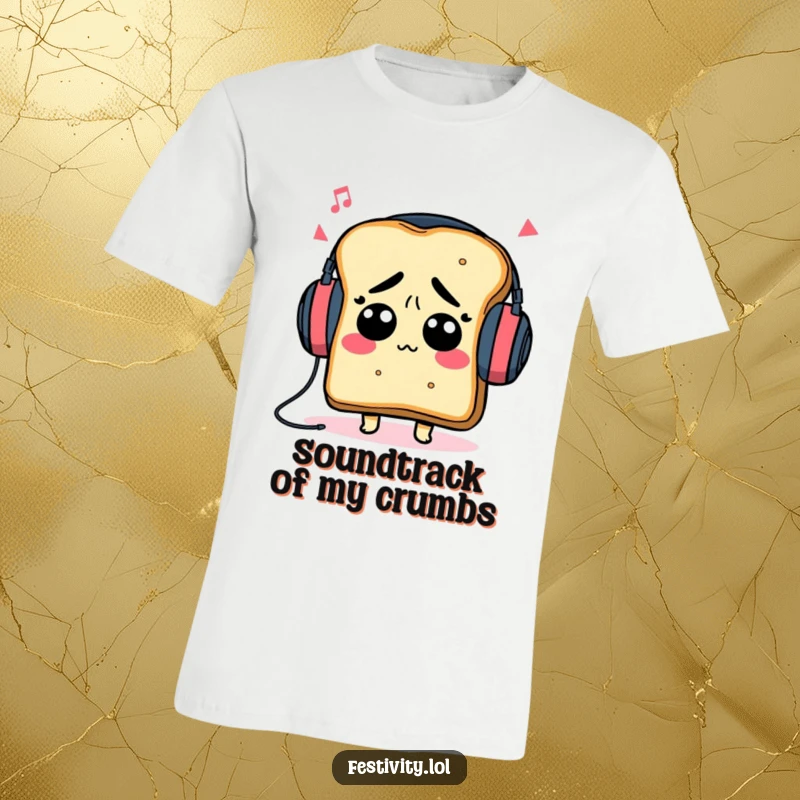 Funny, confused toast character with oversized headphones, deeply engrossed in music, featured on a funny t-shirt.