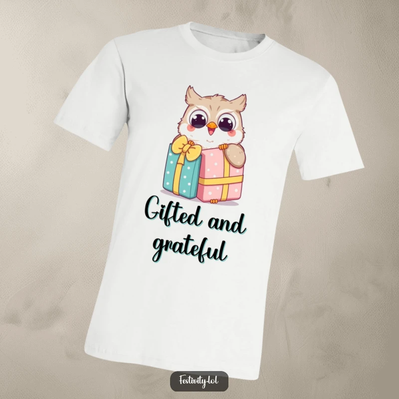 Funny Owl T-Shirt features a happy owl with bright eyes joyfully unwrapping an oversized gift, celebrating surprise.