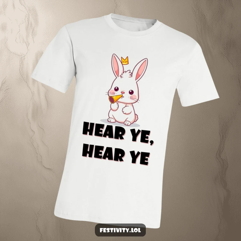 Funny t-shirt depicting a curious rabbit wearing a small crown and blowing a colorful party horn.