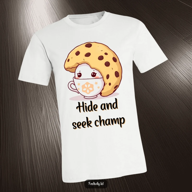 Funny Shy Teacup T-Shirt: A shy teacup character comically peeking from under a giant cookie, perfect for sweet, understated fun.
