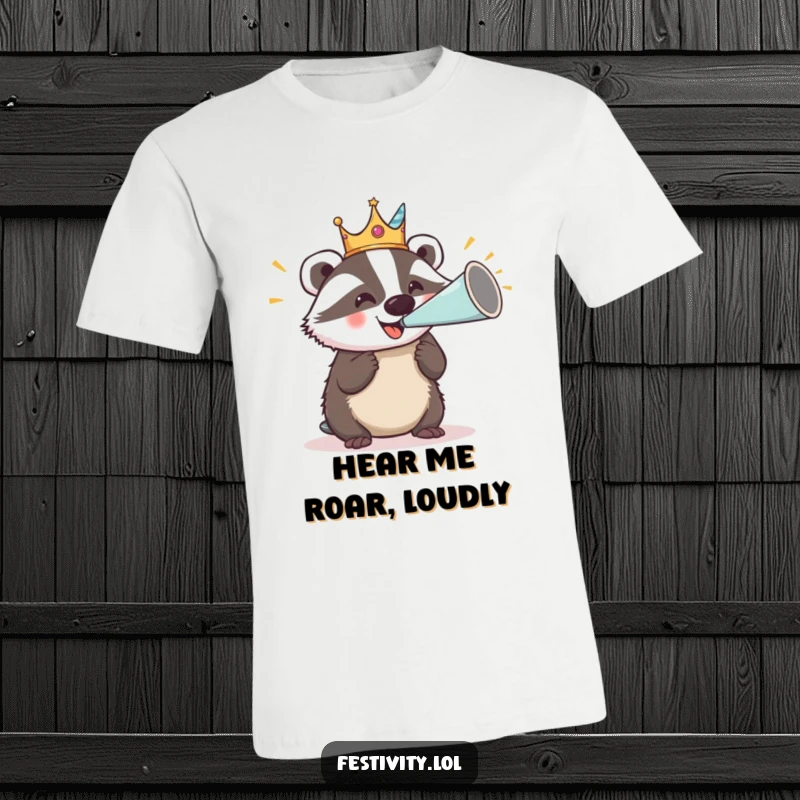 Funny t-shirt featuring a delighted badger in a silly crown, powerfully blowing a giant party horn, symbolizing festive energy.