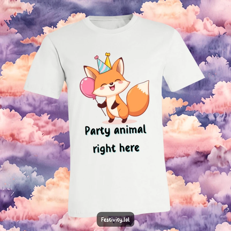 Funny t-shirt featuring a giggling fox in a party hat, merrily bouncing a huge balloon, embodying pure celebration.