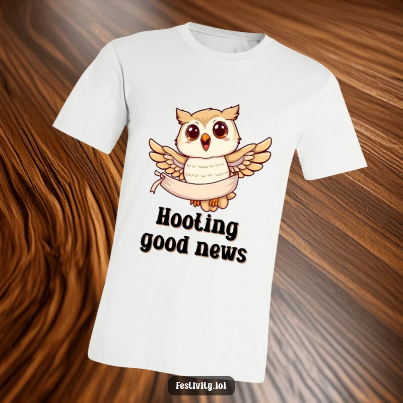 Funny owl t-shirt, a joyful owl in mid-flight, carrying a banner in its talons, symbolizing freedom and messages.