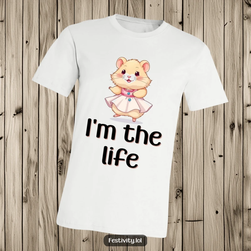 Funny, fluffy hamster in a tiny party dress, twirling happily, a humorous and adorable design for a t-shirt.