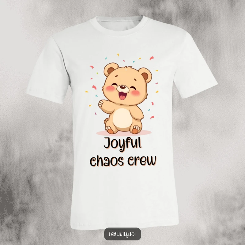 Funny t-shirt of a giggling bear cub joyfully tossing colorful confetti, embodying pure happiness and celebration.