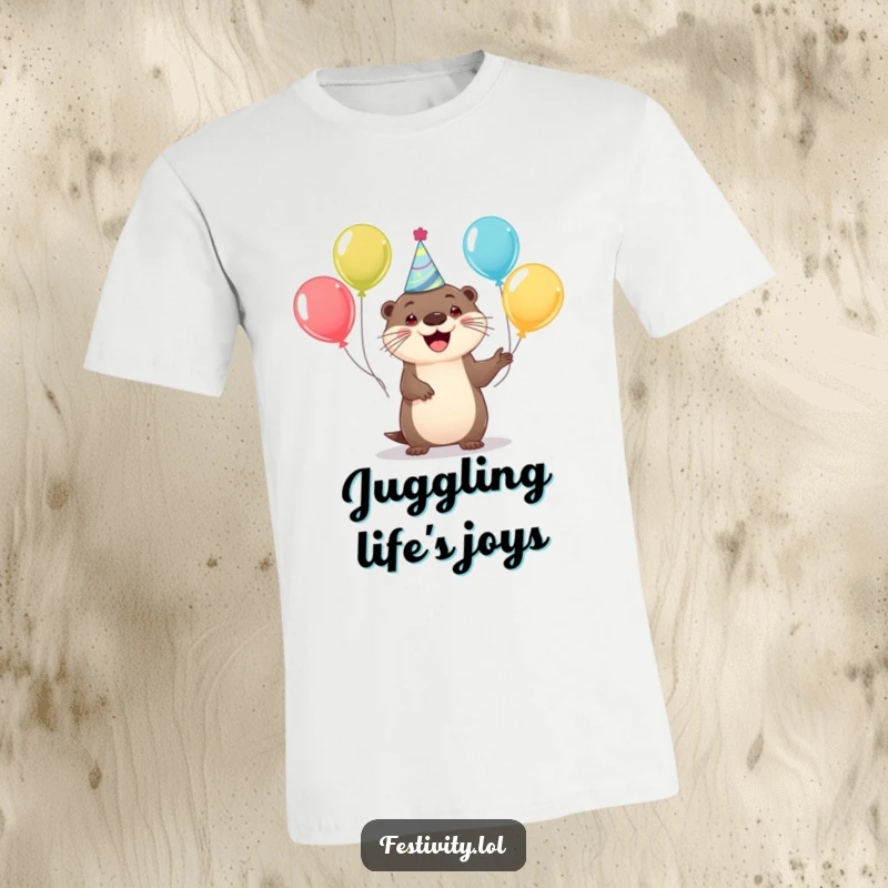 Funny t-shirt with a happy otter wearing a party hat, juggling colorful balloons with festive cheer.