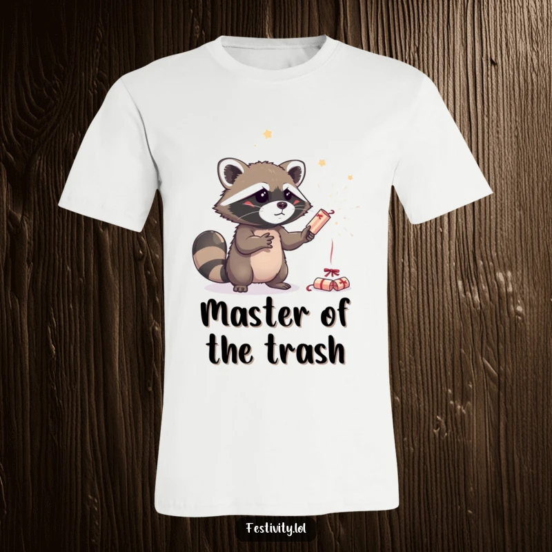 Funny raccoon in a t-shirt attempting to juggle three sparkling party crackers, showcasing clumsy but charming party antics.