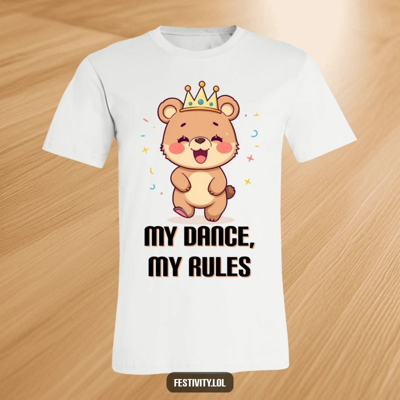 Funny t-shirt of a giggling bear cub wearing a streamer crown and dancing energetically, perfect for parties.