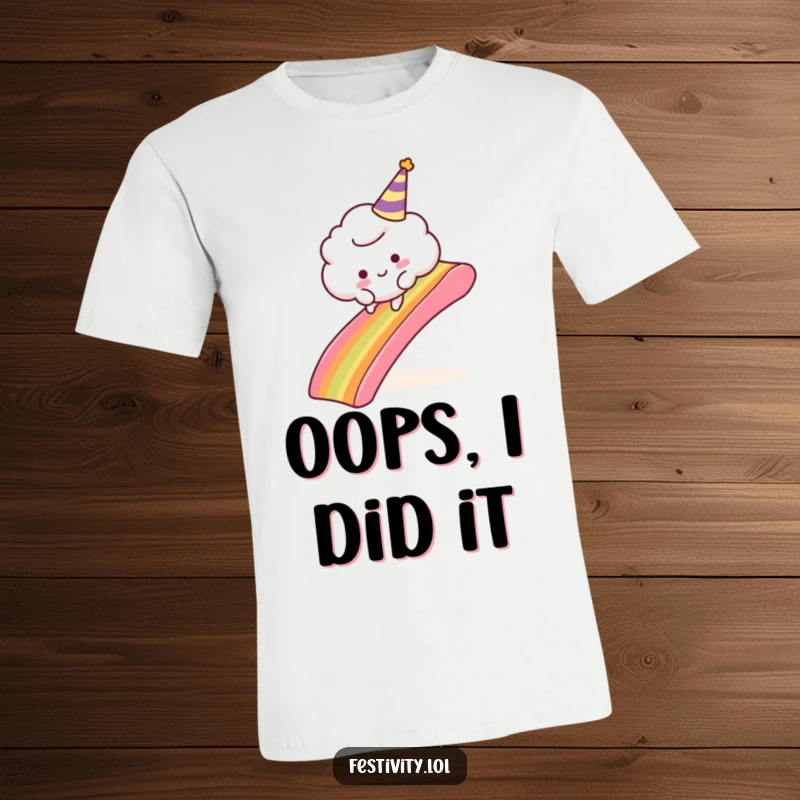 Funny Cloud Trip T-Shirt: A fluffy cloud character with a party hat comically tripping over a rainbow slide, perfect for whimsical fun.