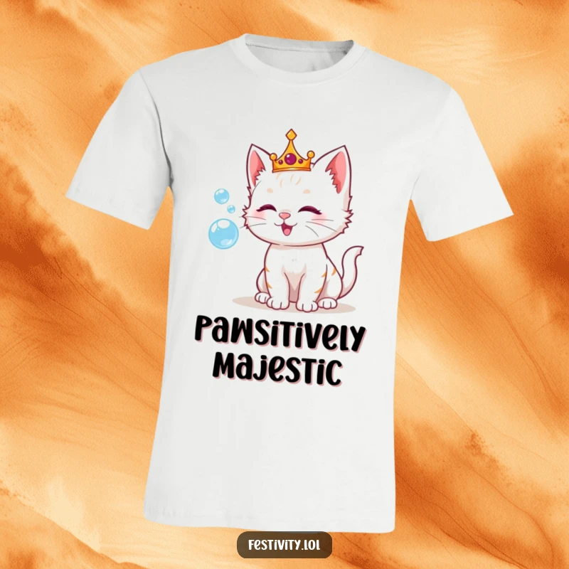 Funny t-shirt featuring a playful kitten wearing a crown, happily blowing shimmering bubbles, embodying royal amusement.