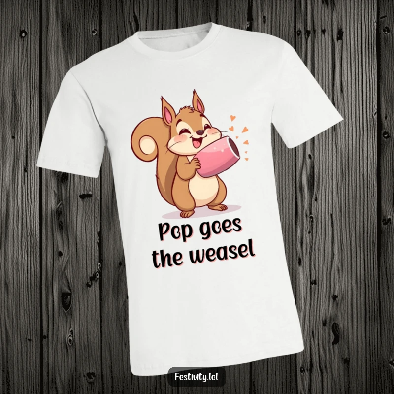 Funny t-shirt graphic of a squirrel about to pop an oversized party popper, full of excitement and confetti.