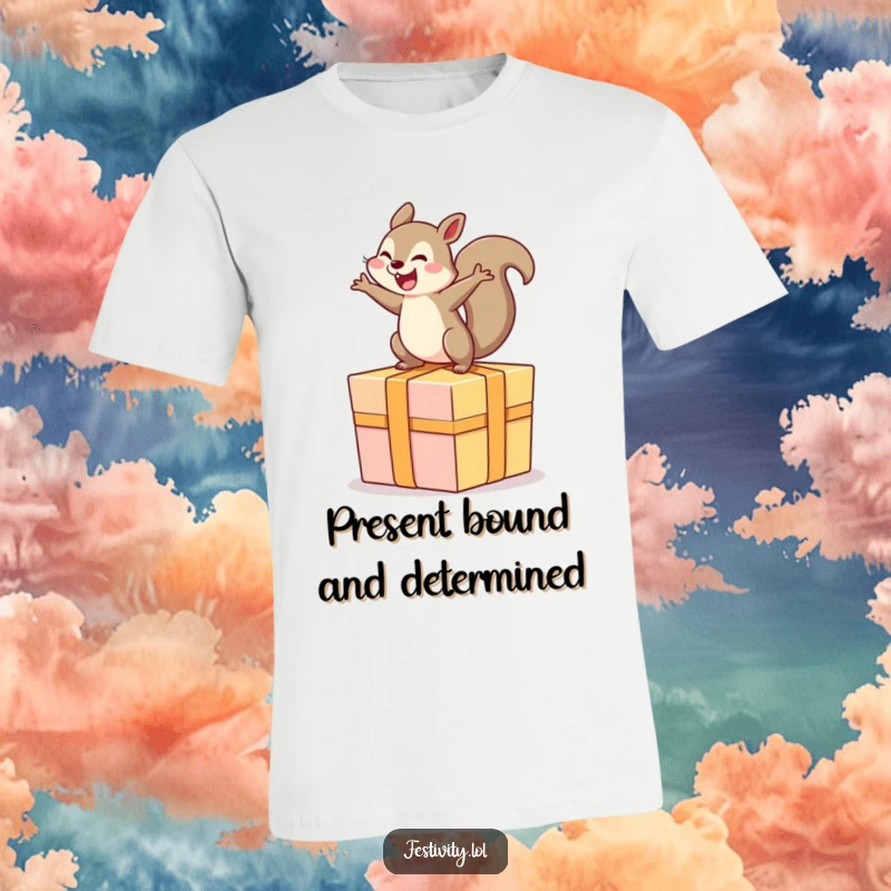 Funny t-shirt with a delighted squirrel enthusiastically jumping on a massive, spectacularly wrapped gift box.