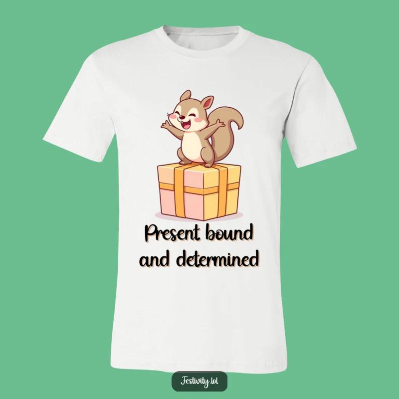 Funny Squirrel T-Shirt: Delightful Rodent Bouncing on Giant Present with Pure Glee