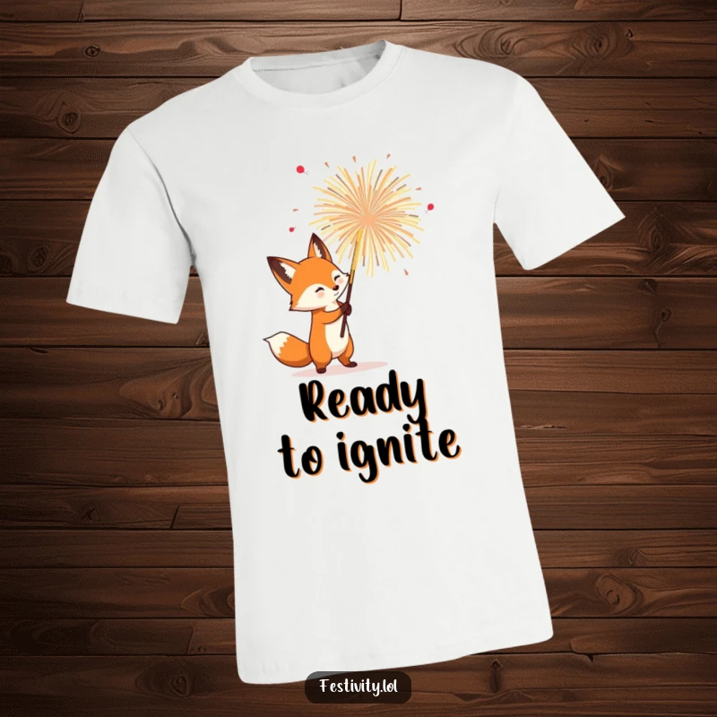 Funny Fox T-Shirt: A determined fox holding a giant, about-to-bloom firework, symbolizing bold and funny excitement.