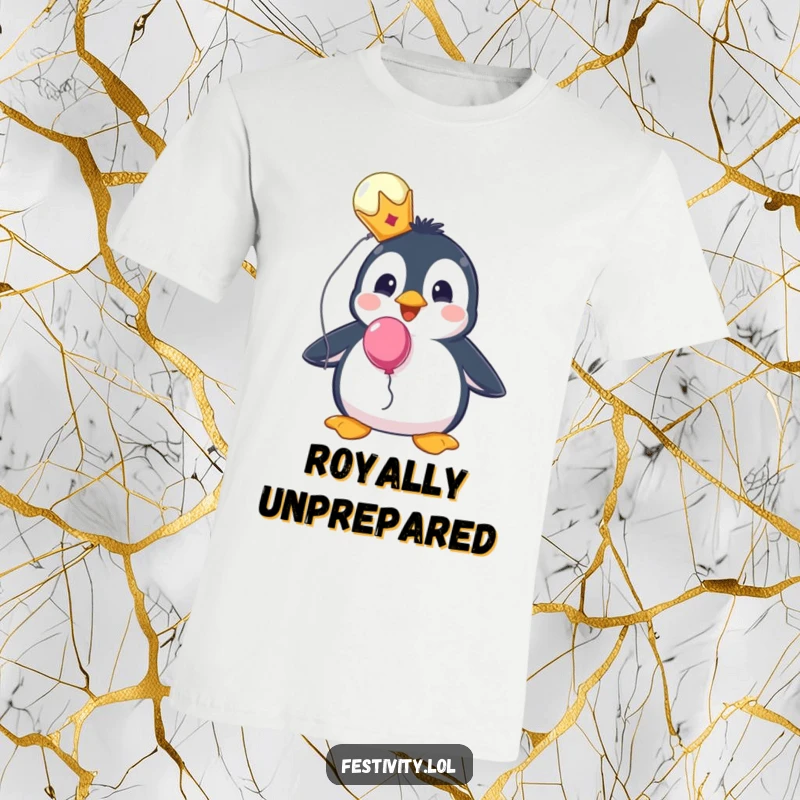 Funny t-shirt of a surprised penguin wearing a tiny crown and holding a balloon, exuding royal silliness.