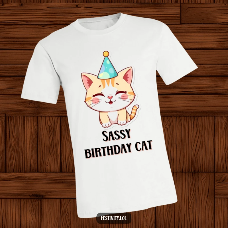 Funny Cat Birthday T-Shirt: A happy cat winks wearing a silly hat, ideal for expressing birthday cheer and feline affection.