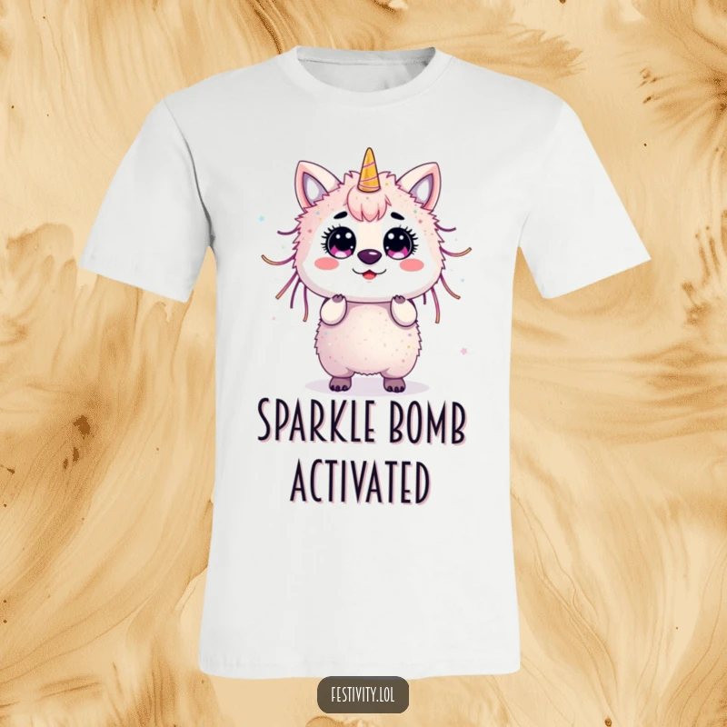 Funny animal surprised, covered in streamers and glitter, on a hilarious t-shirt.