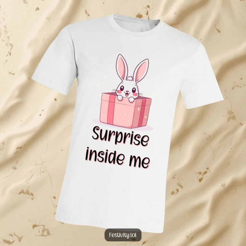 Funny t-shirt featuring a surprised bunny peeking from a giant gift box, a delightful and humorous surprise reveal.