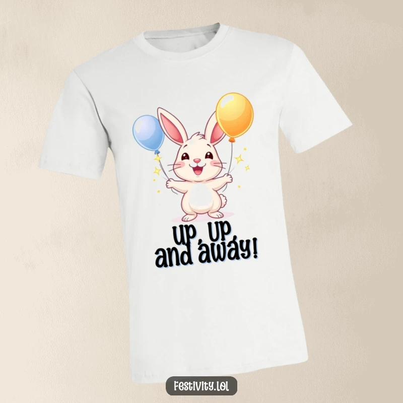 Funny t-shirt featuring a smiling rabbit skillfully juggling shiny balloons, embodying playful celebration and lightheartedness.