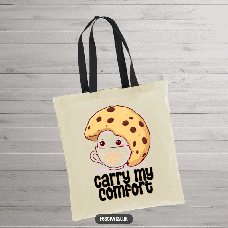 Funny Shy Teacup Tote Bag: A shy teacup character comically peeking from under a giant cookie, ideal for carrying essentials with sweet joy.