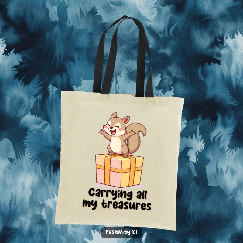 Funny tote bag depicting a delighted squirrel joyfully springing on a huge, colorfully wrapped gift.