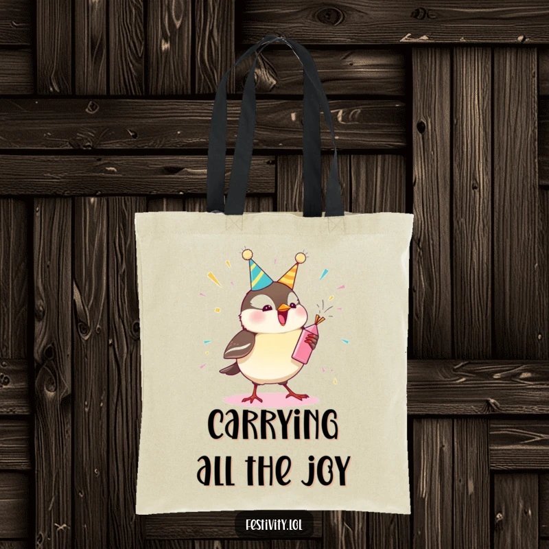 Funny chickadee tote bag featuring a jubilant bird launching a party popper, ideal for carrying groceries or everyday items with a smile.