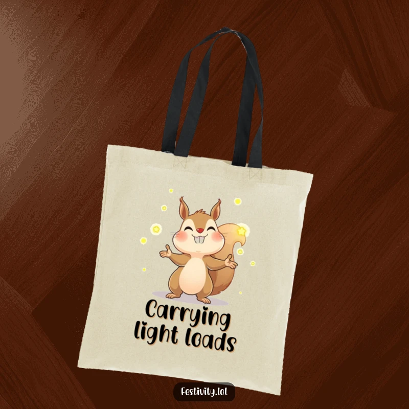 Funny squirrel tote bag showing a determined squirrel juggling glowing fireflies, a practical and humorous accessory for carrying essentials.