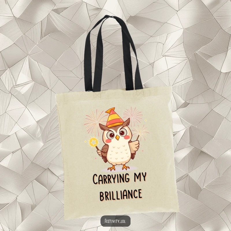 Funny tote bag showing a determined owl in a silly hat, igniting a giant firework, designed for carrying essentials with excitement.