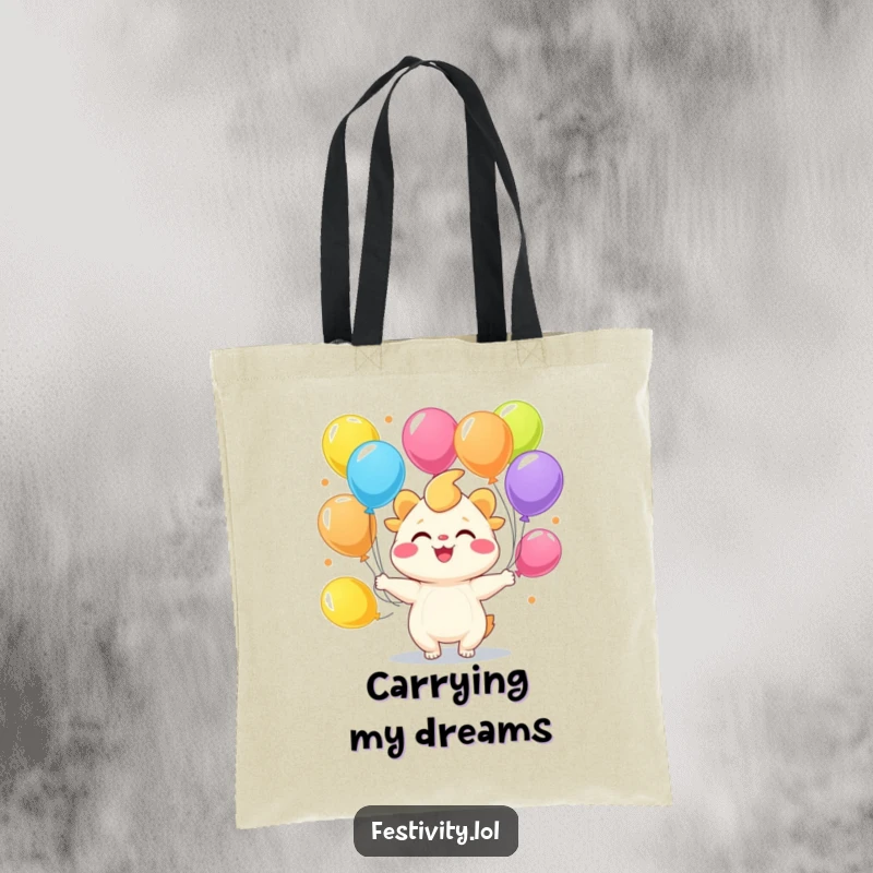 Funny joyful creature juggling colorful balloons on a durable and cheerful tote bag.