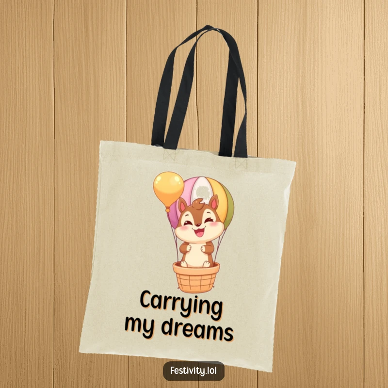 Funny Chipmunk Tote Bag: A beaming chipmunk joyfully navigating the skies in a hot air balloon, ready for errands.