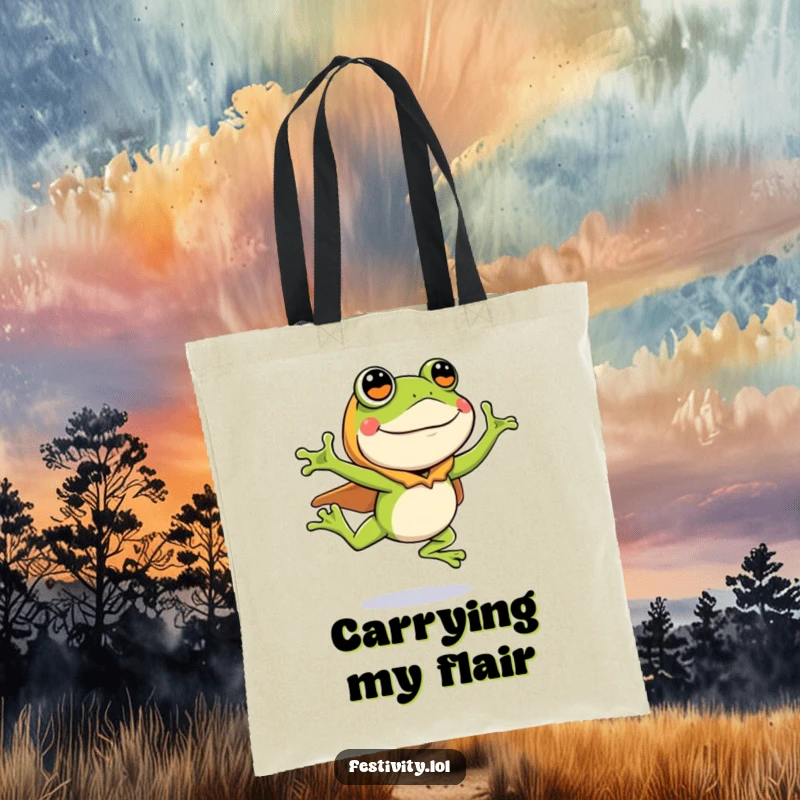 Funny tote bag with a silly frog wearing a costume and leaping with great enthusiasm, durable and humorous.