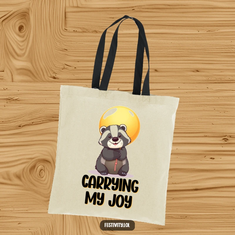 Funny Badger Balloon Tote Bag: A happy badger is hugged by a colorful balloon, making this a charming and practical bag for everyday use.