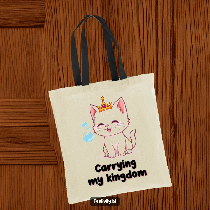 Funny tote bag showing a playful kitten in a crown, blowing iridescent bubbles, designed for carrying essentials with royal flair.