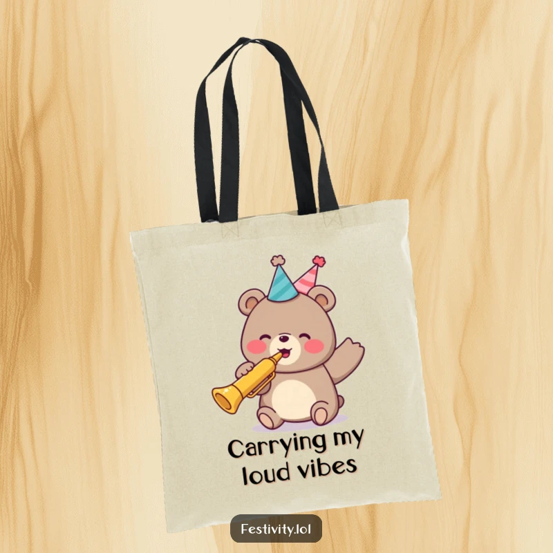 Funny tote bag featuring a cheerful bear in a party hat, playing a loud trumpet, ready for any festive occasion.