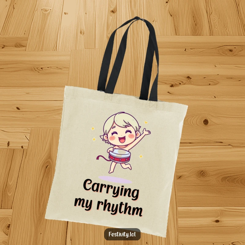 Funny merry character dancing energetically with a tambourine on a fun tote bag.