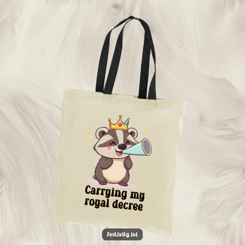 Funny tote bag showcasing a delighted badger wearing a silly crown and blowing a giant party horn, great for shopping.