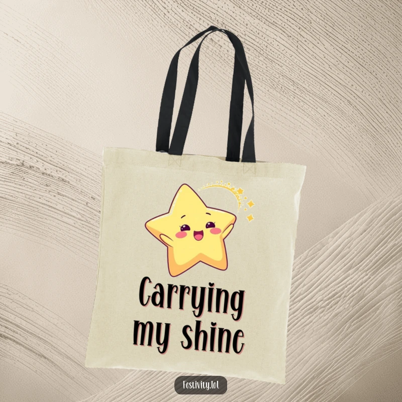 Funny Star Glitter Arc Tote Bag showcasing a delighted star character creating a dynamic arc of sparkling glitter, stylish and humorous for carrying items.