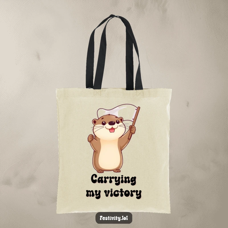 Funny tote bag with a smiling, determined otter holding a flag high, a symbol of success.