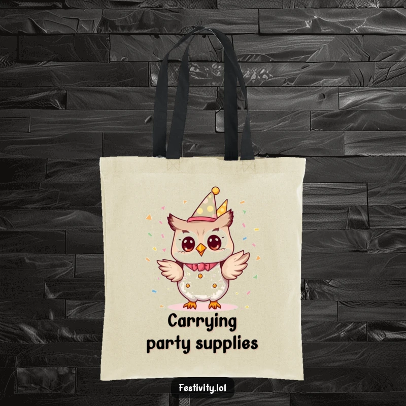 Funny tiny owl character dressed as a party planner, excitedly tossing confetti on a tote bag.