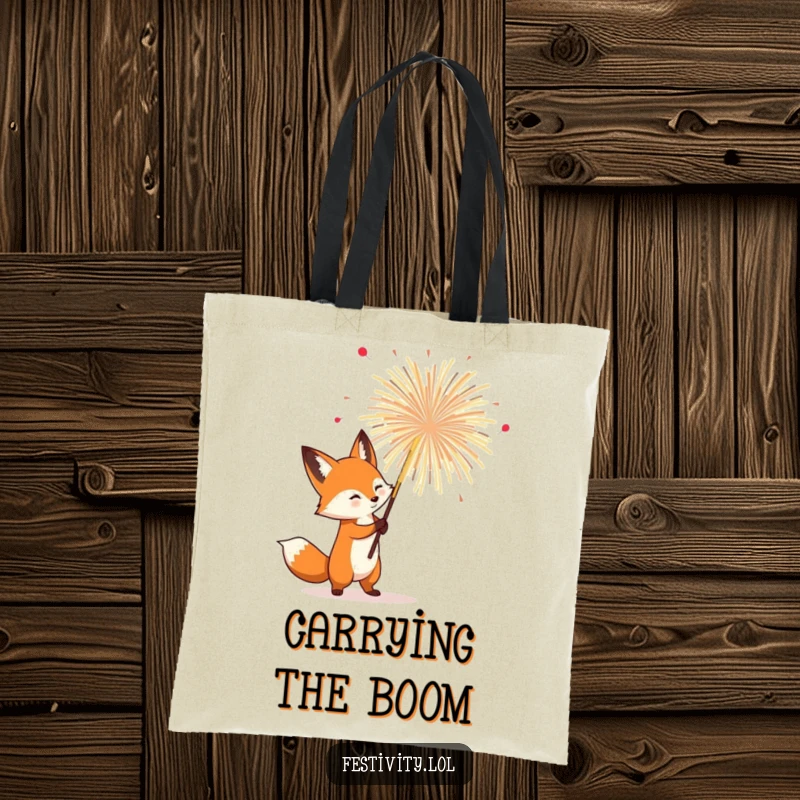 Funny Fox Tote Bag: A determined fox holding a giant firework, ready to carry your items with explosive style.