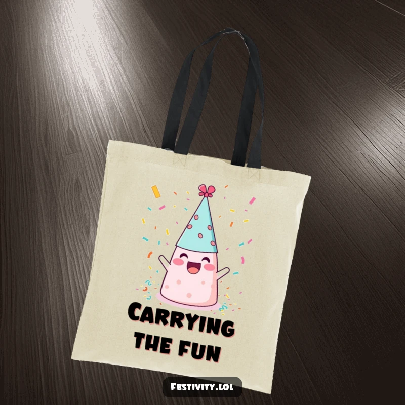 Funny cheerful party hat throwing confetti, a humorous and practical tote bag for celebrations.