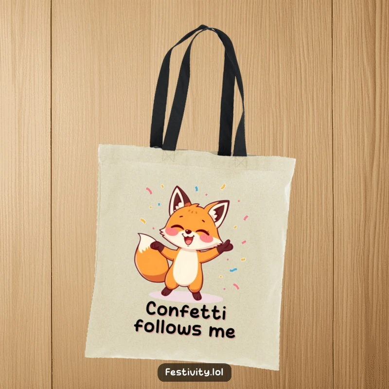 Funny tote bag featuring a fox in mid-dance, with confetti showering down, designed for carrying essentials with a festive flair.