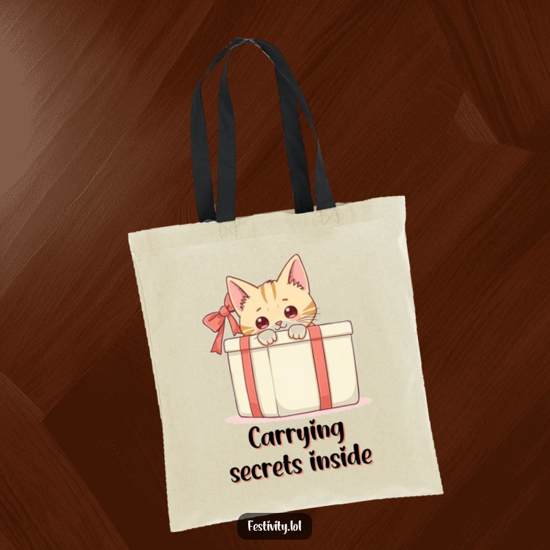 Funny, curious cat peeking around a large gift box, a humorous and practical design for a versatile tote bag.