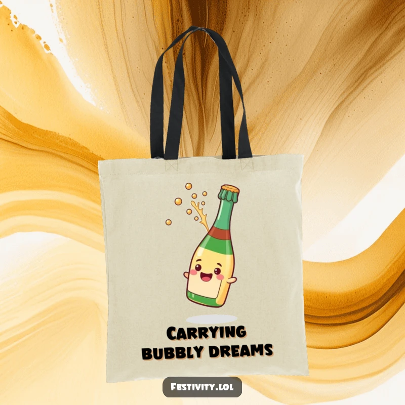 Funny tote bag featuring a smiling champagne bottle mid-pop, with a splash effect, perfect for carrying groceries or party supplies.