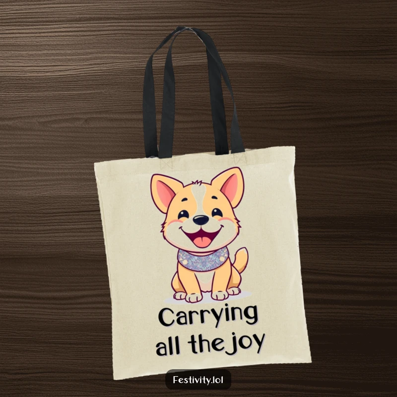 Funny tote bag: A smiling dog with a glittery collar and furiously wagging tail, radiating portable, humorous joy.