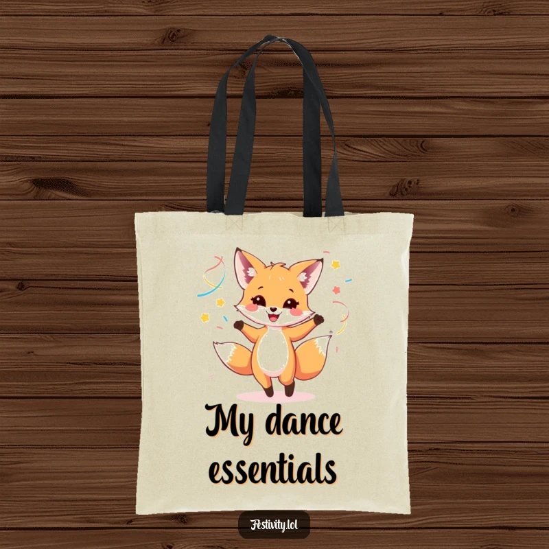 Funny tote bag with a happy fox cub dancing energetically with colorful streamers, ideal for daily use.