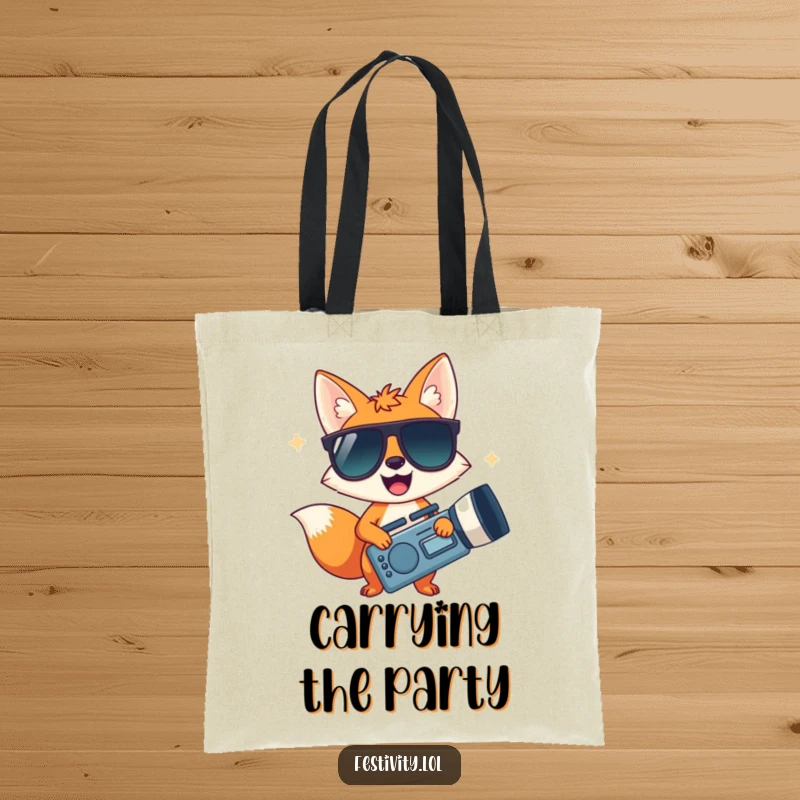 Funny tote bag with a happy fox in cool sunglasses holding a giant noisemaker, a stylish and humorous accessory.
